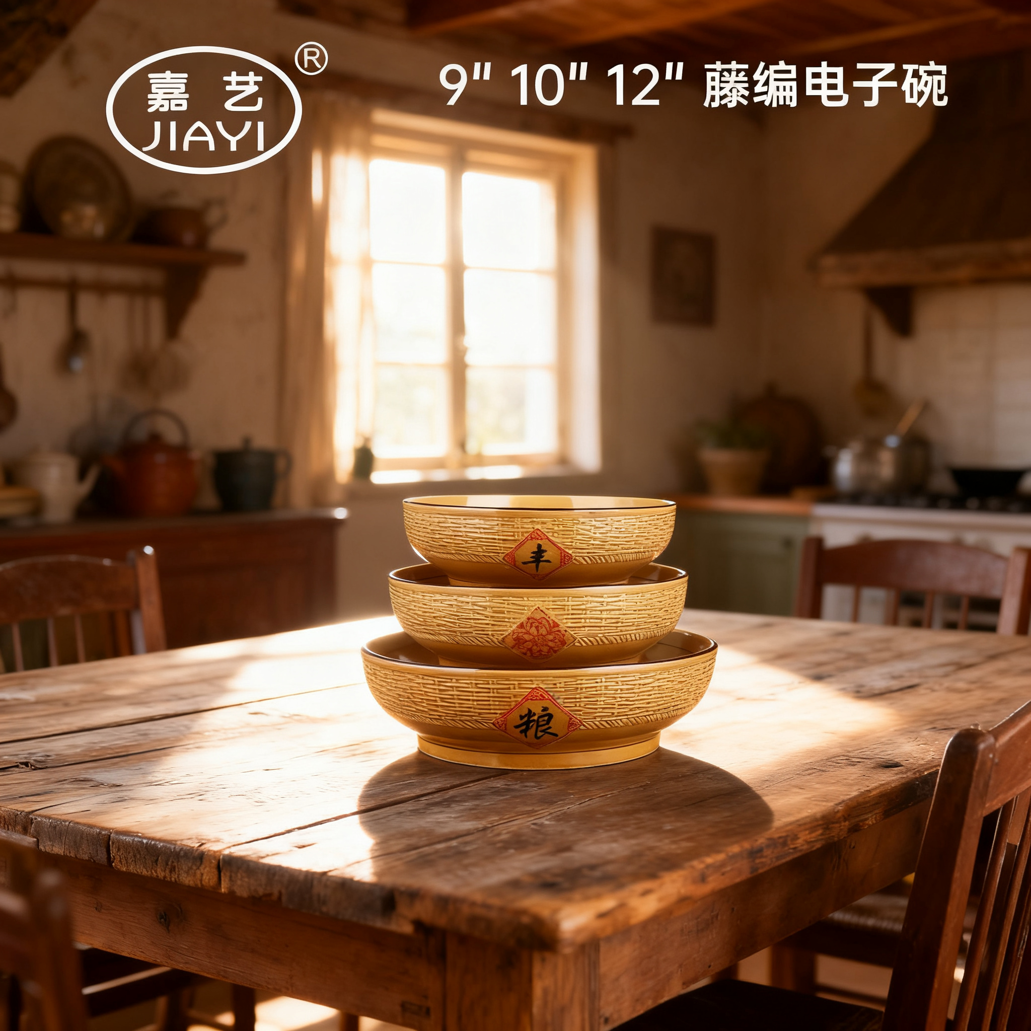 嘉艺 藤编电子碗 9"10"12" 黄色陶瓷家用商用汤碗